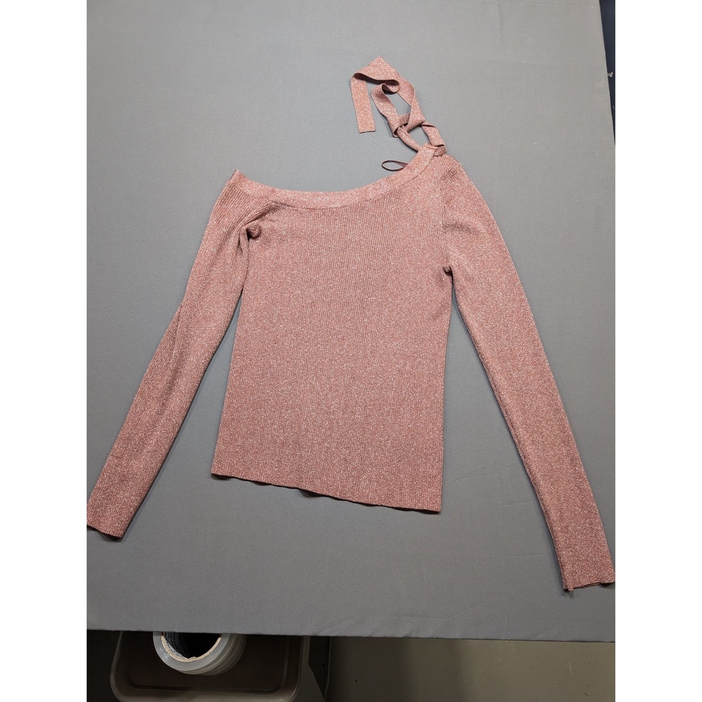 Intermix Pink Metallic Ribbed Knit Off-Shoulder Tie Top Sweater Sz M